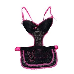Playboy Apron Lingerie Black Pink Lacey Bunny Small French Maid Push Up